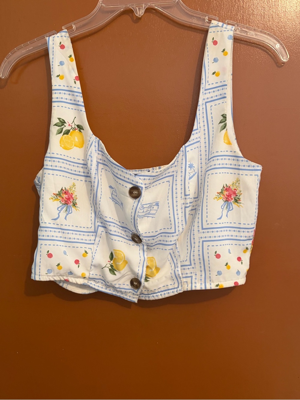 Timing White Crop Top with Blue Grid, Yellow Lemon & Floral Print